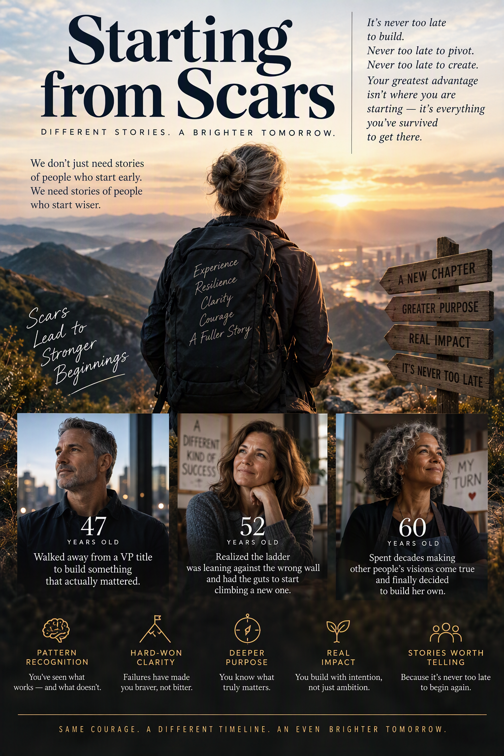 Starting from Scars: a woman overlooking a sunrise and stories of reinvention at 47, 52, and 60, celebrating experience, resilience, clarity, courage, and new beginnings.